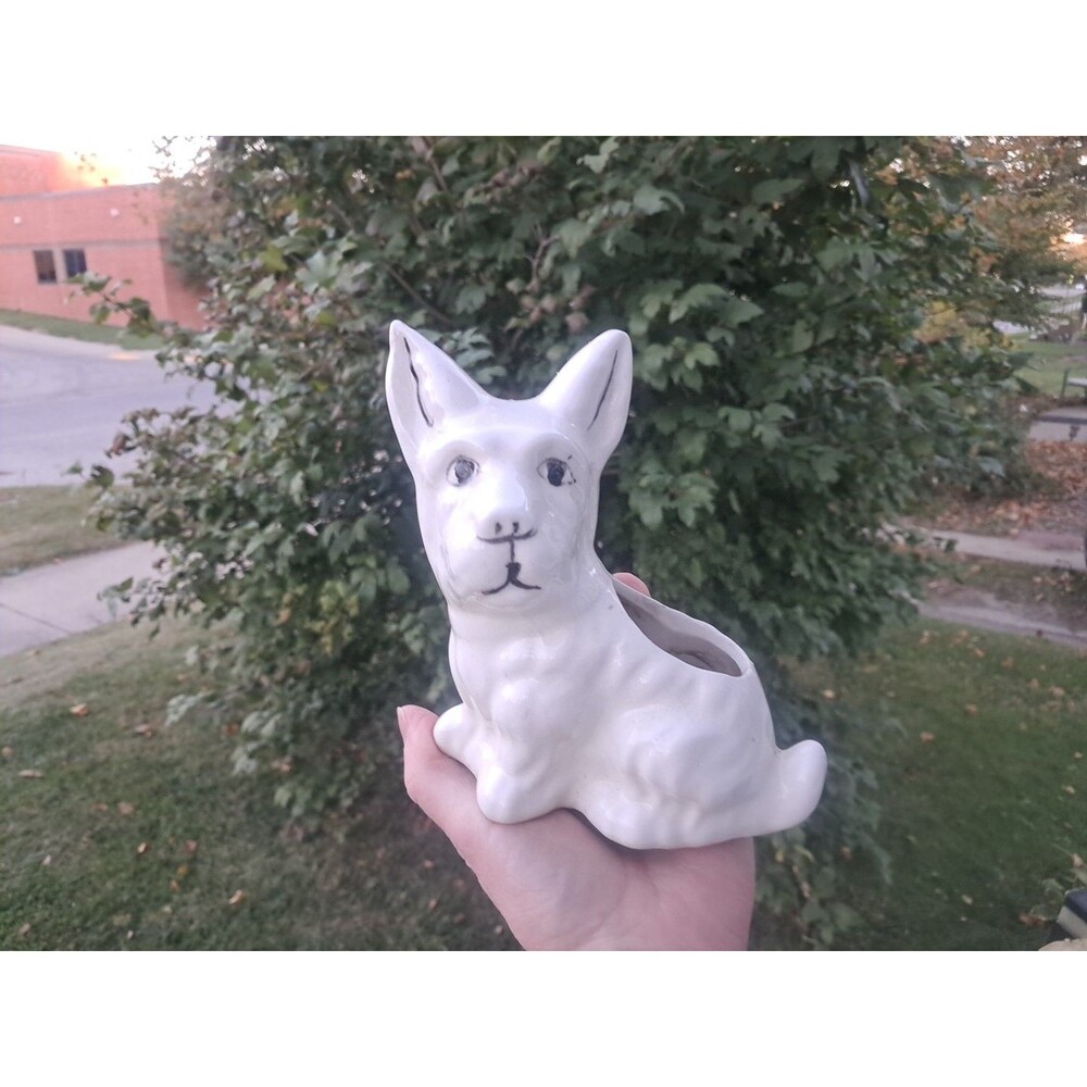 Vintage White Westie Terrier Dog Planter Ceramic Hand Painted Signed MCM Vase